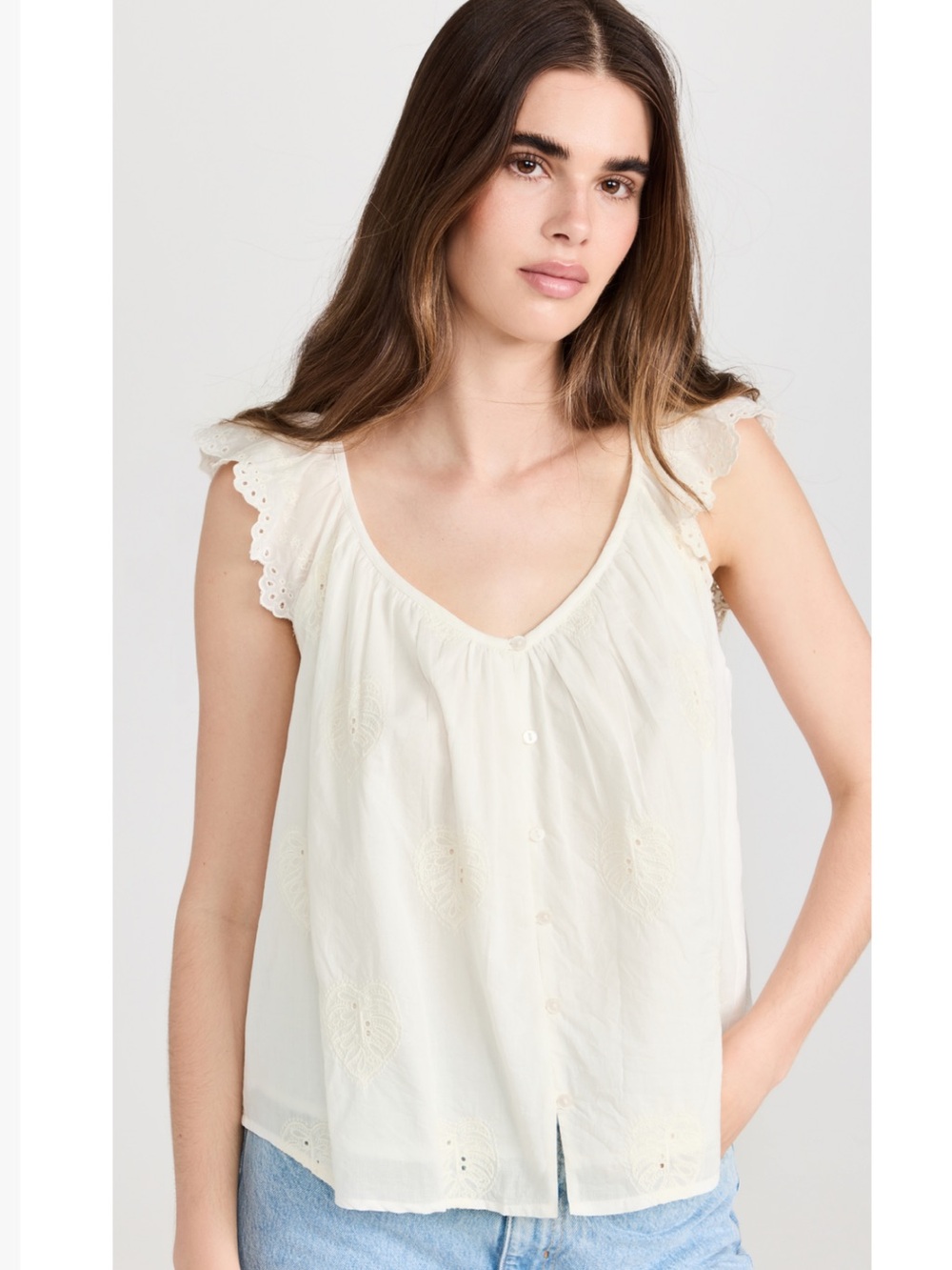 Velvet brand embroidered “Lani” top with lace sleeve detail